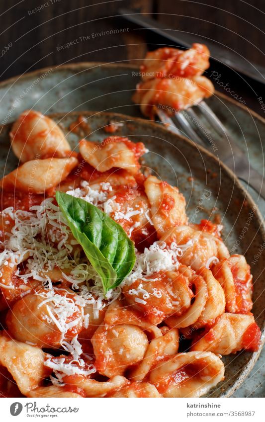 Süditalienische Pasta-Orecchiette mit Tomatensauce und Cacioricotta-Käse Spätzle Italienisch Apulien Saucen sugo abschließen dunkel hölzern gekocht Küche Diät