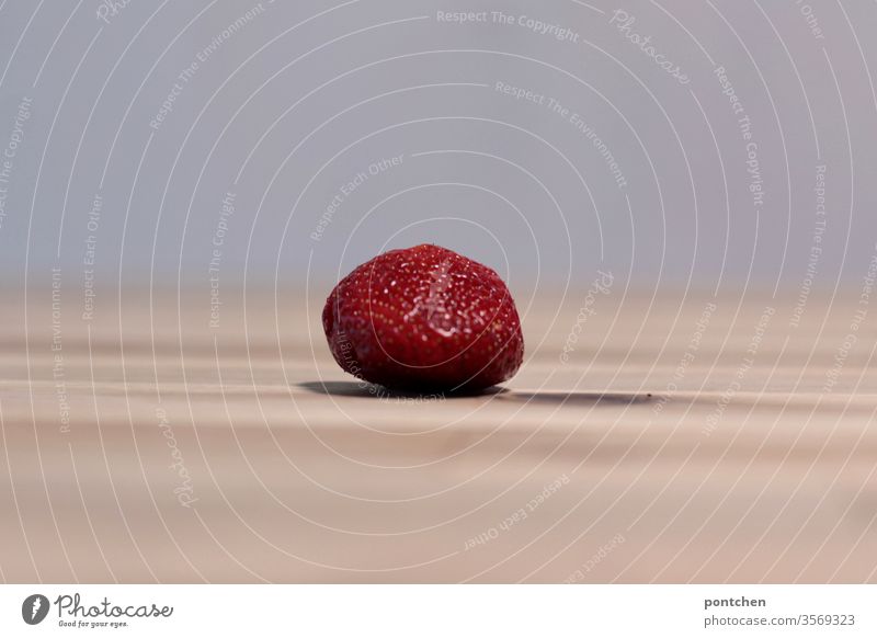 Eine einzelne Erdbeere liegt auf einem Holztisch und wirft einen Schatten schatten gesunde ernährung obst vitamine rot Lebensmittel Frucht Bioprodukte lecker