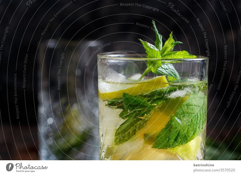 Hausgemachter erfrischender Mojito-Cocktail in einem hohen Glas Mocktail Minze Kalk Caipiroska Caipirinha Limonade Getränk trinken Blatt Alkohol Zitrusfrüchte