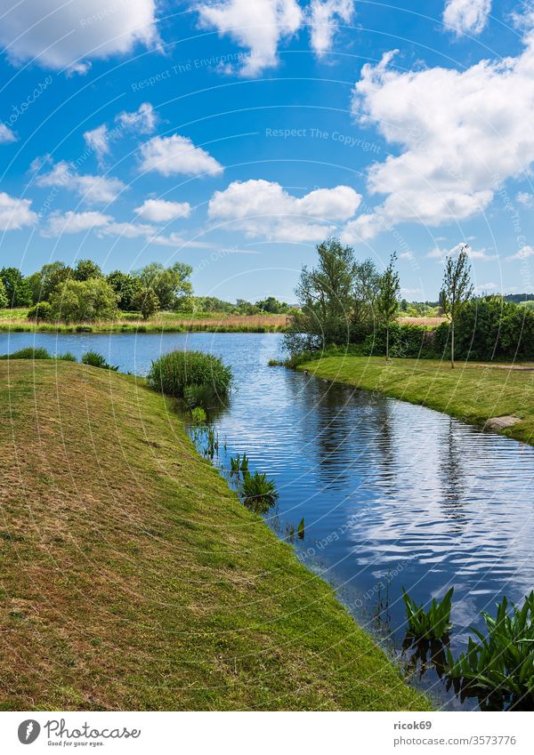 Landschaft am Fluss Warnow in der Hansestadt Rostock Warnung Kanal Petriviertel baum Gebüsch Stadt Mecklenburg-Vorpommern Haargraben Tourismus Idylle Himmel