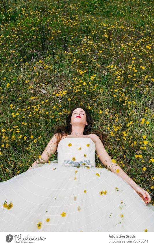 Entspannte Braut liegt mit Blumen auf der Wiese Lügen striegeln Streicheln sich[Akk] entspannen Löwenzahn Jungvermählter Frau Blüte Zusammensein Hochzeit Rasen