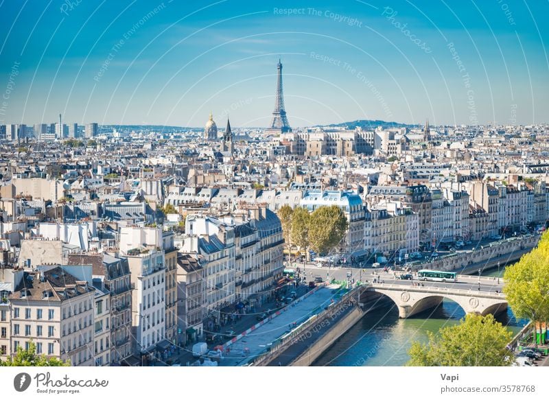 Pariser Stadtlandschaft mit Eilffelturm Turm Eiffel Frankreich Ansicht Skyline Großstadt Stadtbild Architektur Antenne Europa urban Französisch Wahrzeichen