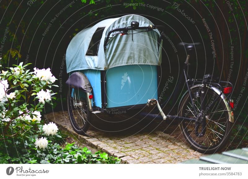 Für Stadt-Nomaden - ein Lastenfahrrad im himmelblaugrauen Planwagen Design wartet in der dunklen Ecke eines Berliner Hinterhofs neben in voller Blüte stehenden weißen Pfingstrosen auf den nächsten Einsatz