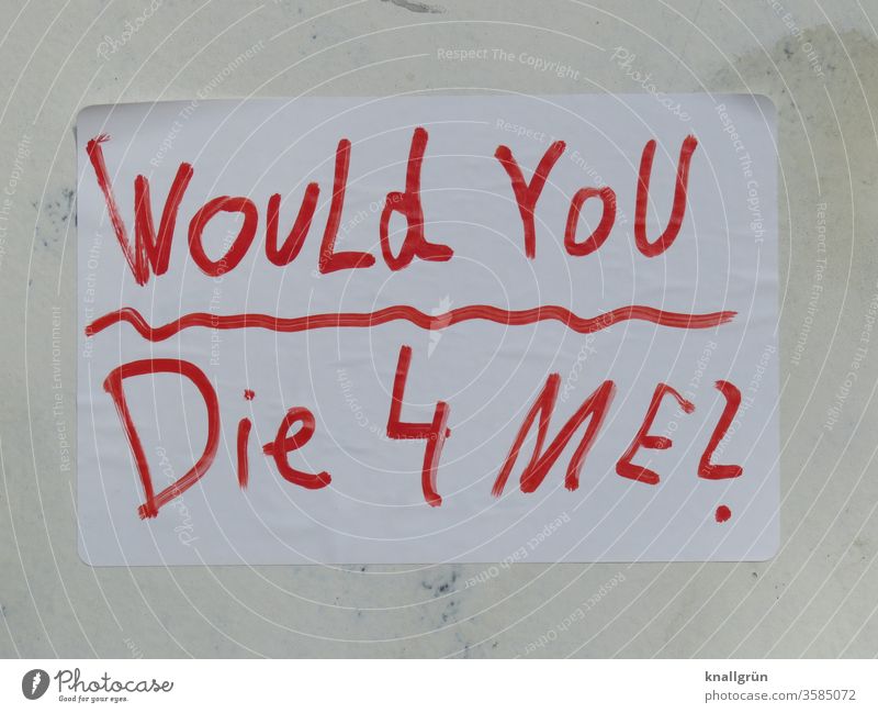 Would you die 4 me? Liebe Tod Gefühle Liebespaar Liebesbekundung Liebesbeziehung Partnerschaft Verliebtheit Buchstaben Wort Satz Romantik Schriftzeichen Letter