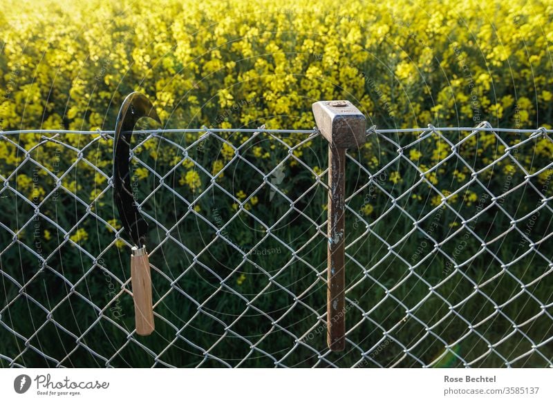 Hammer und Sichel am Feldzaun hammer und sichel Werkzeug Zaun Maschendrahtzaun Grenze Raps Rapsfeld Handwerk alt objekt der begierde Symbole & Metaphern gerade