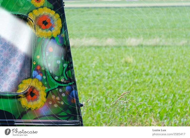 Flowerpower-Feeling am Straßenrand, vor einer grünen Wiese im Sonnenschein Wohnmobil altmodisch Hippie Sommerzeit Sonnenlicht Gardine Fenster Vorhang