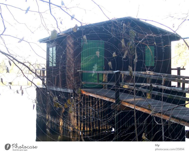 schwimmendes Haus See Angeln November grün Steg geheimnisvoll unheimlich historisch Angelhütte Wasser