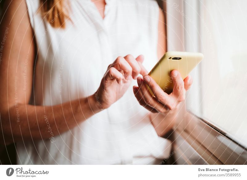 nicht erkennbare junge Frau zu Hause, die ein Mobiltelefon am Fenster benutzt Handy heimwärts Technik & Technologie tagsüber Büro Arbeitswohnung Business