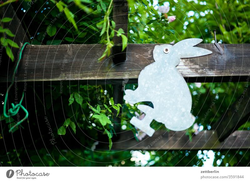 Blechhase ast baum erholung ferien garten kleingarten kleingartenkolonie menschenleer natur ruhe schrebergarten sommer strauch textfreiraum tiefenschärfe zweig