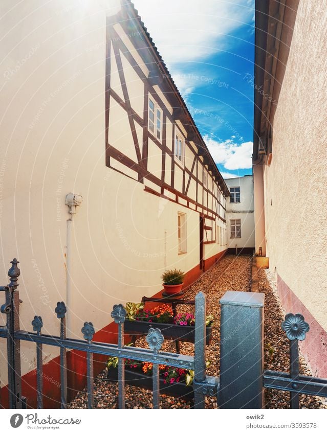 Nischendasein Haus Lücke Zwischenraum nutzen Nutzfläche Blumen Idylle Wand Fachwerk Himmel Wolken Sonnenlicht Gegenilicht Gebäude Fenster Ecke Zaun Metall