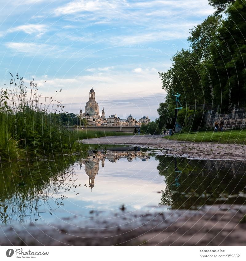 Spiegelbild Ferien & Urlaub & Reisen Sightseeing Städtereise Sommer Umwelt Landschaft Wasser Himmel Park Wiese Flussufer Dresden Stadt Altstadt Skyline Kirche