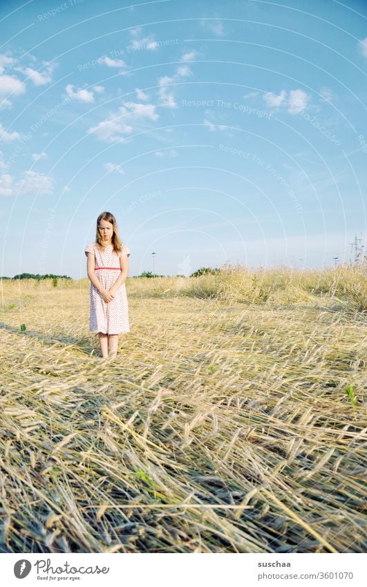 kind auf einem sommerlichen strohacker, das ziemlich skeptisch nach unten schaut Kind Mädchen Sommer Kleid Strohfeld Getreidefeld artig Blick brav Körperhaltung