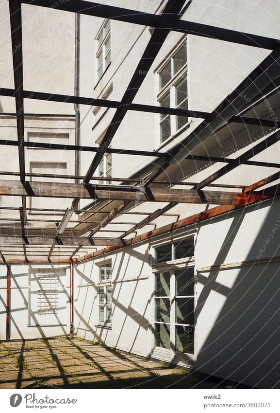 Pergola Gerüst Haus Gebäude Baugerüst leuchten fest Stadt Baustelle Außenaufnahme Detailaufnahme Menschenleer Licht Schatten Kontrast Wien Fenster Hinterhof