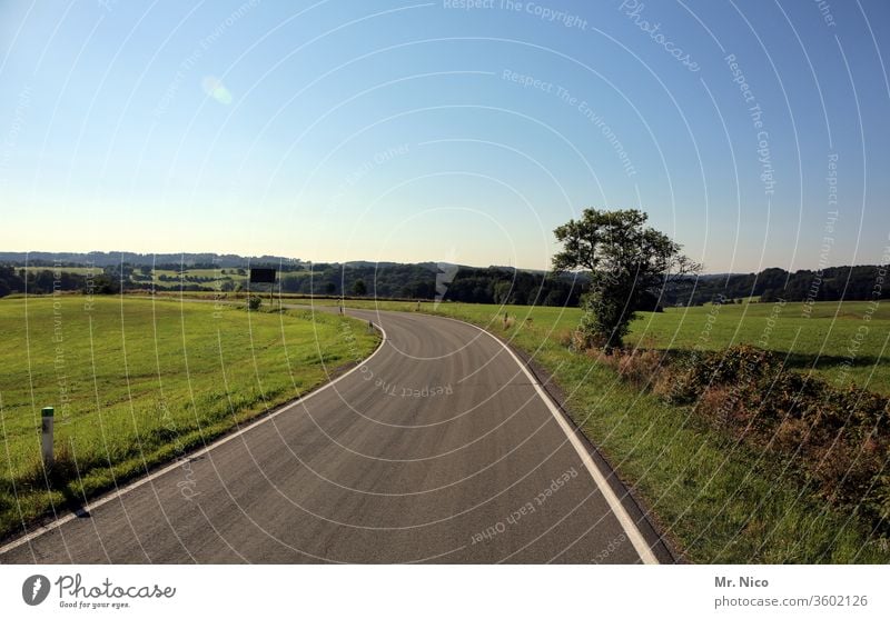 Landstraße Straße Verkehrswege Wege & Pfade Asphalt Umwelt Kurve Landschaft Natur Baum Himmel Feld Wiese Schönes Wetter Hügel Horizont Einsamkeit