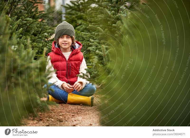 Schöner blonder Junge mit grüner Wollmütze, roter Weste, weißem Pullover, blauer Hose und gelben Stiefeln wählt seinen Weihnachtsbaum frisch Nahaufnahme Jungen