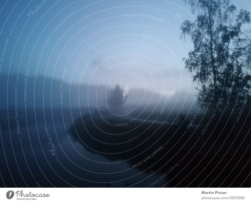 Natural pond with fog mist nebula smoke haze smog tree field Meadow lawn grassland water aqua silhouette dark threat menace danger Forest woods woodland sky