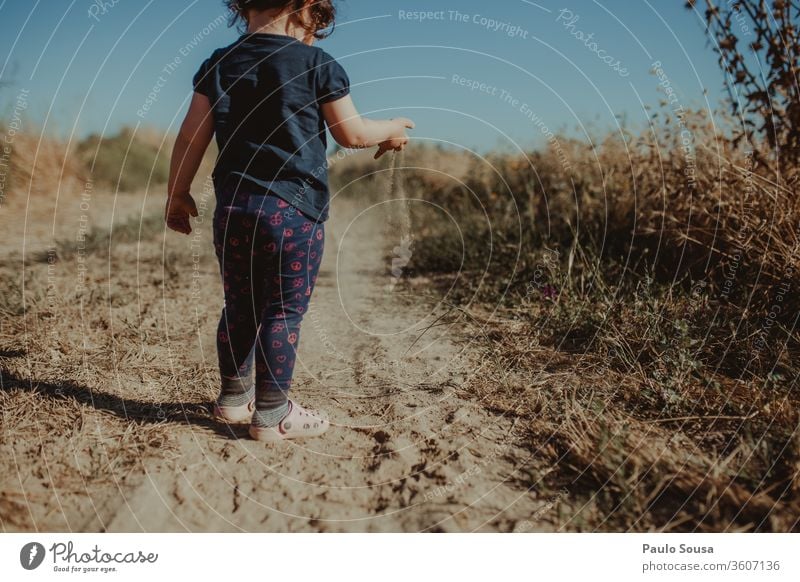 Rückansicht Kind spielt mit Sand Kindheit Kinderspiel im Freien Kaukasier Spaß Natur spielen Lifestyle Glück Fröhlichkeit Mädchen Sommer Menschen Freude