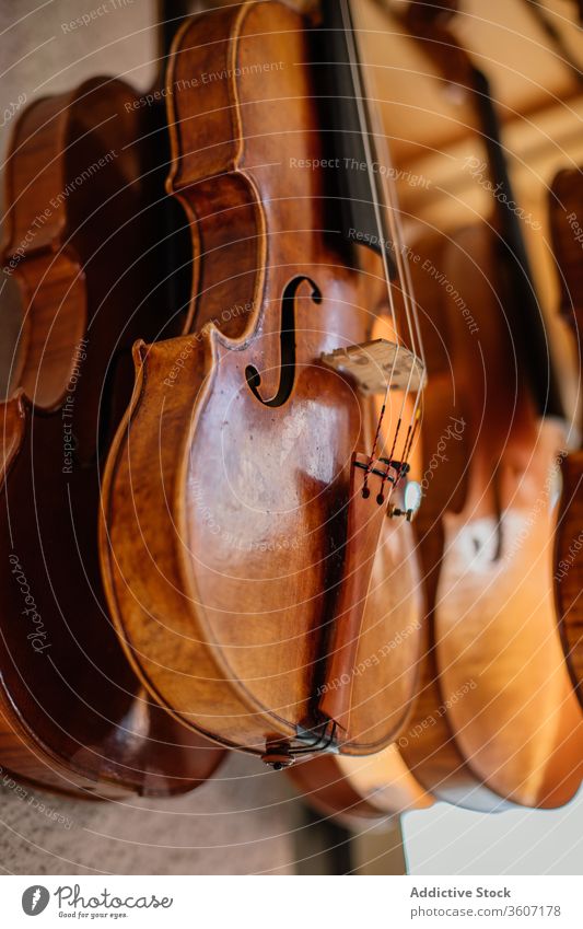 Satz lackierter handgemachter Geigen, zum Trocknen auf dem Balkon aufgehängt Instrument trocknen hängen Werkstatt kreieren Prozess handgefertigt hölzern Reihe