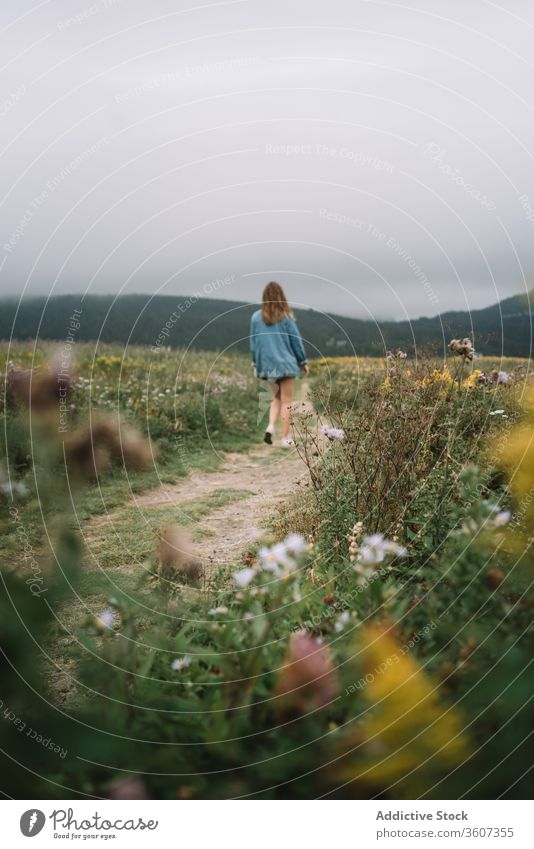 Reisende Frau auf dem Weg im Feld Wiese Blume reisen Spaziergang Sommer bedeckt Himmel Natur Urlaub Freiheit Gras Landschaft Pflanze grün Dame malerisch