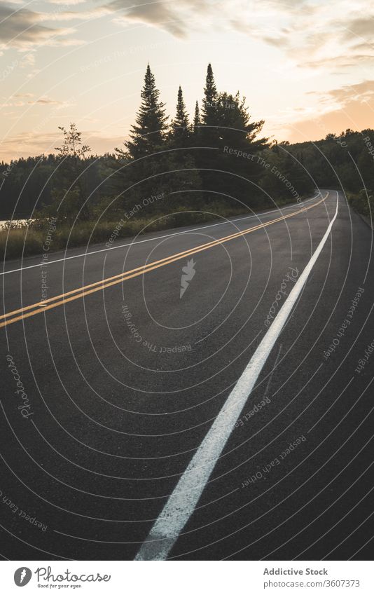 Asphaltstrasse in der Nähe von See und Wald am Abend Straße Sonnenuntergang Himmel wolkig Natur Nationalpark la mauricie Quebec Kanada friedlich grün Windstille