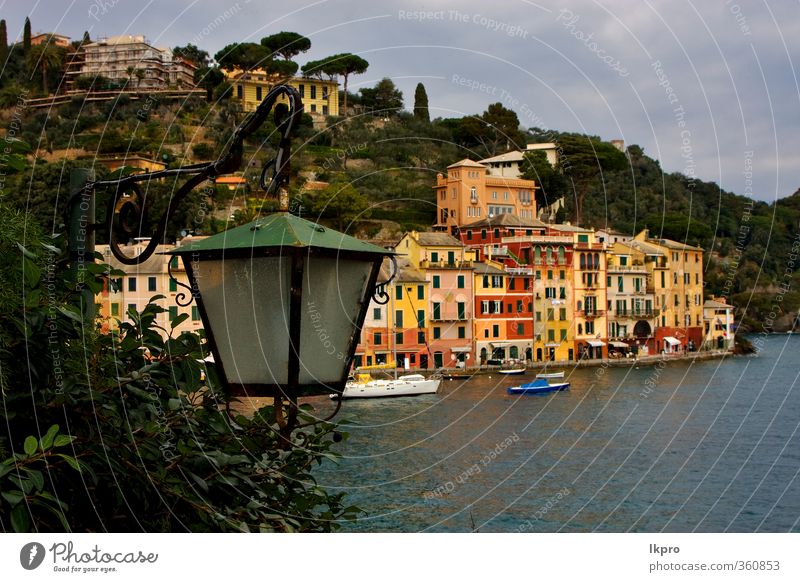 Dorf von portofino im Norden Italiens, l Meer Berge u. Gebirge Haus Klettern Bergsteigen Seil Natur Himmel Wolken Baum Blatt Hügel Felsen Küste Stadt Hafen