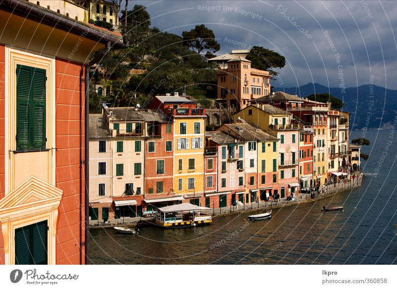 das Dorf Portofino im Norden Italiens, l Meer Berge u. Gebirge Haus Klettern Bergsteigen Seil Natur Himmel Wolken Baum Blatt Hügel Felsen Küste Stadt Hafen