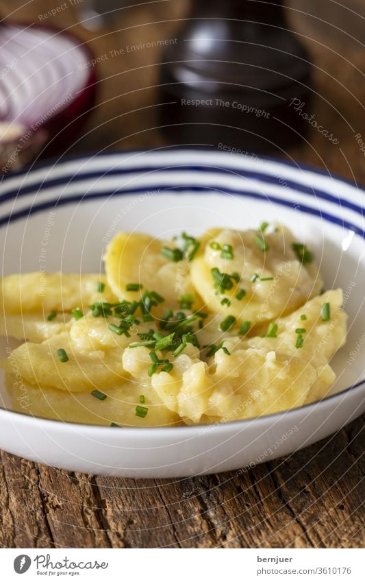 bayerischer Kartoffelsalat auf Holz frisch Essen grün Dressing Gemüse Zwiebel Salat Mahlzeit Abendessen weiß Schüssel Deutsch Gewürze Gericht traditionell