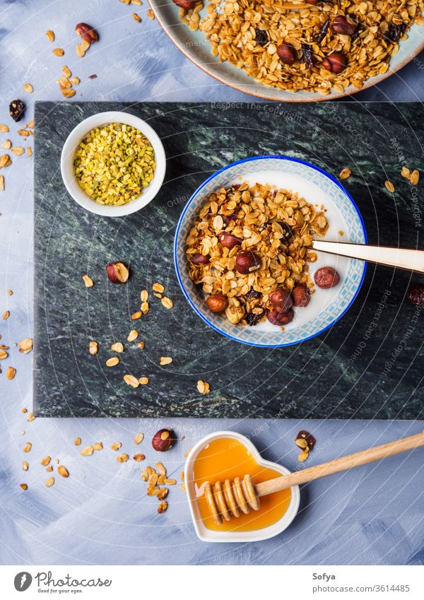 Joghurtschale mit hausgemachtem Müsli selbstgemacht Molkerei Schalen & Schüsseln Frühstück Diät Lebensmittel Gesundheit Glas Hintergrund Snack natürlich