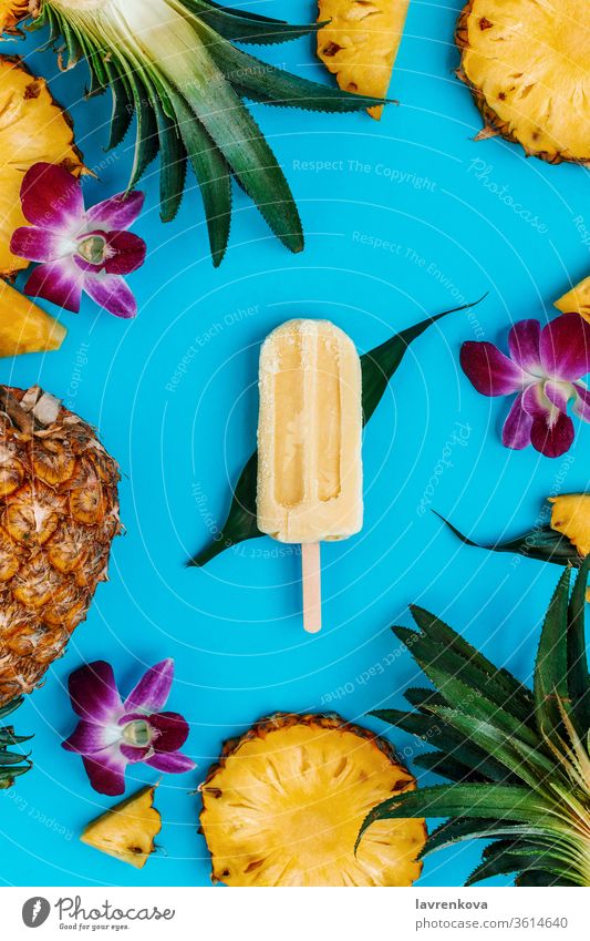 Tropisches Flatlay mit veganem Eis am Stiel mit verschiedenen Früchten und Blüten rundum auf blau Diät Gesundheit Veganer flache Verlegung Speiseeis geschnitten