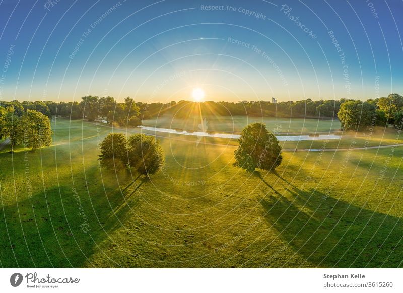 Wunderschöner Sonnenaufgang über dem Englischen Garten in München. Sonnenstrahlen scheinen durch die Bäume authentisch Natur minga neblig Wiese grün Sitzung