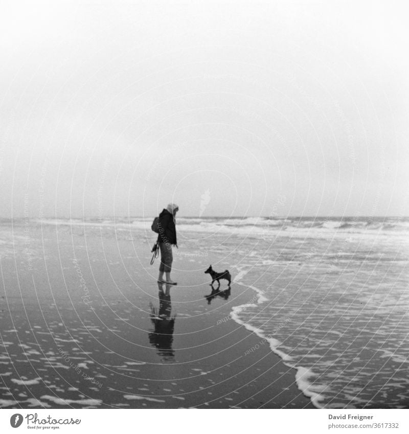 Frau geht mit ihrem Hund an der Nordsee am Strand Gassi und spazieren. Analoge Filmfotografie Meer Sand Wasser Küste Horizont Wolken Wellen Wattenmeer Fernweh