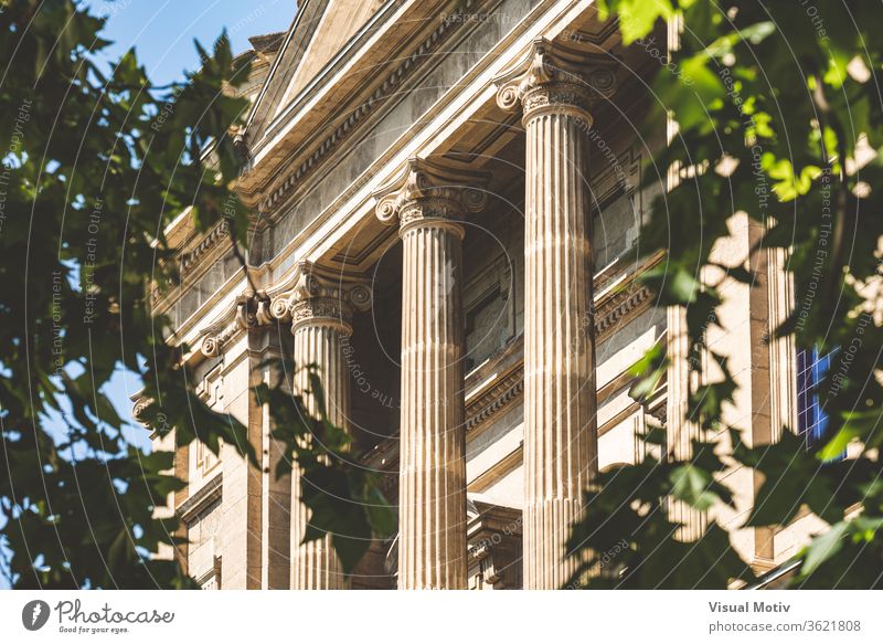 Fassade des Nationalen Kunstmuseums von Katalonien in Barcelona alias MNAC mit ionischen Säulen, umgeben von Baumblättern Gebäude Spalte Ornament historisch