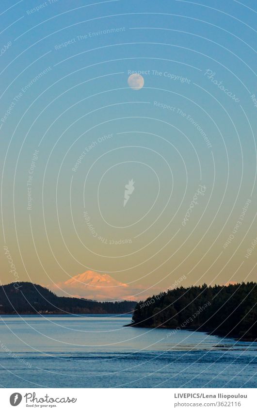 Meereslandschaft vor dem verschneiten Berg unter dem Mond blau Klippe Küste Textfreiraum Tag Tageslicht Wald Feiertag Landschaft Freizeit Licht Berge u. Gebirge