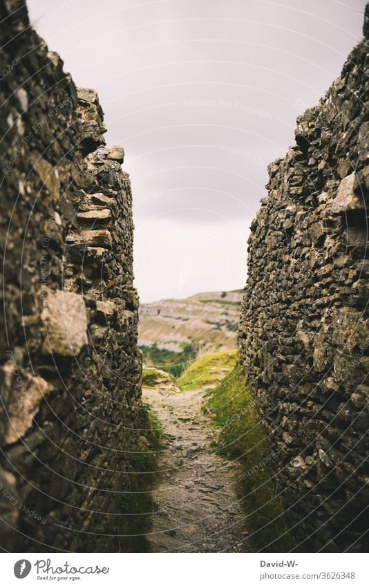 ein Weg zwischen alten Mauerresten einer Ruine Pfad Mittelalter früher verlassen Geheim Ziel der Weg ist das Ziel hindurch Route Natur Farbfoto Wege & Pfade