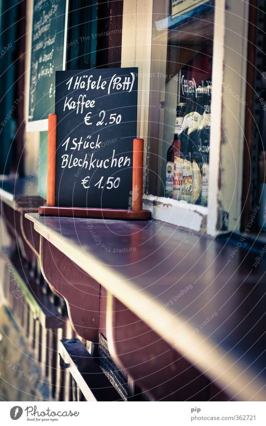 kaffeele Kuchen Kaffee Bier Tasse Flasche Erholung Essen trinken braun Schilder & Markierungen Theke Imbiss Straßencafé Speisetafel Preisschild schwäbisch