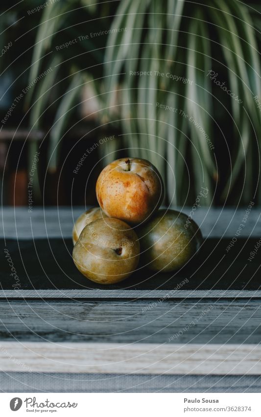 Pflaumen Greengage Obst auf dem Tisch Bioprodukte organisch Frucht fruchtig Reine-Klaude Menschenleer Gesundheit Außenaufnahme frisch Vegetarische Ernährung