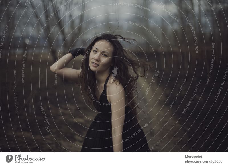 Dunkle Prinzessin Junge Frau Jugendliche Erwachsene Kopf Arme 1 Mensch 18-30 Jahre Natur Gewitterwolken Herbst Baum Wald Kleid brünett langhaarig Locken