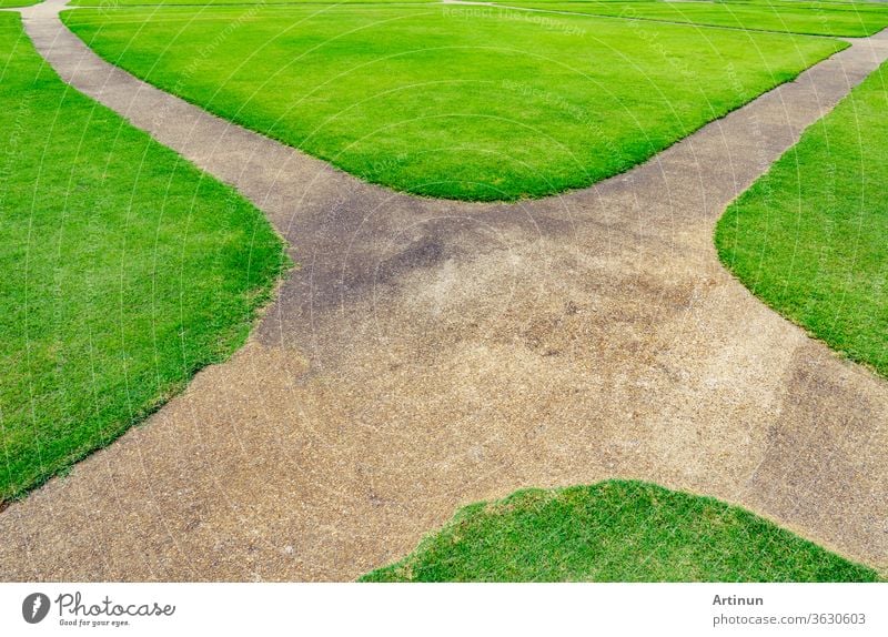 Pfad auf dem Hintergrund der grünen Rasentextur. Weg an der Kreuzung abstrakt Gegend schön Sauberkeit Nahaufnahme Farbe Konkurrenz Straßenkreuzung Kurve Design