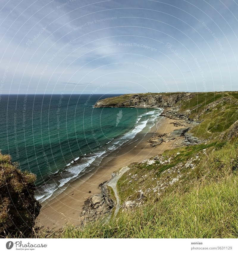 Trebarwith beach in Cornwall bei schönem Wetter im Sommer Strand Küste Wasser Ferien & Urlaub & Reisen grün blau Panorama (Aussicht) Landschaft Natur Meer