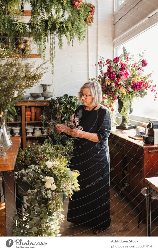 Reife Frau arrangiert Blumen im Geschäft Floristik Blumenstrauß grün Pflanze kreieren wählen komponieren einrichten Designer dekorativ kreativ Arbeit Beruf