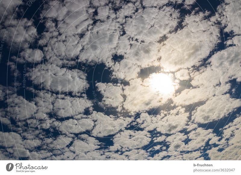 Himmel mit vielen kleine Wölkchen, Sonne scheint durch die Wolken Blauer Himmel Sommer Schönes Wetter Sonnenlicht Gegenlicht