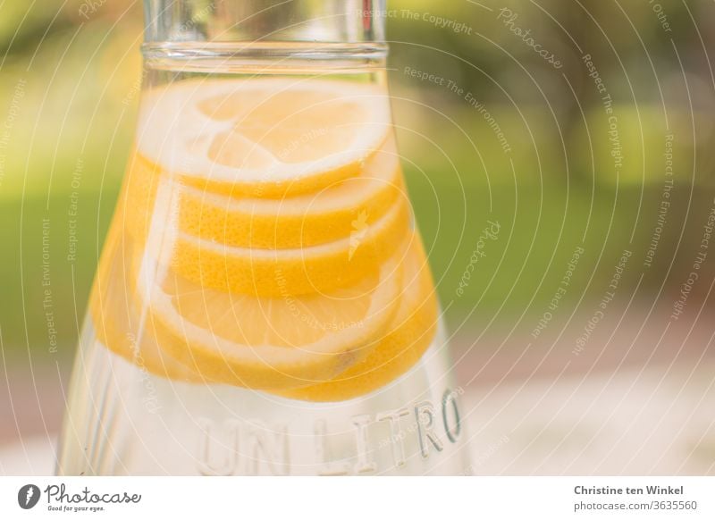 leuchtend gelbe Zitronenscheiben in einer mit Wasser gefüllten Karaffe. Schwache Tiefenschärfe, im Hintergrund Grünanlagen Wasserkaraffe Trinkwasser Erfrischung