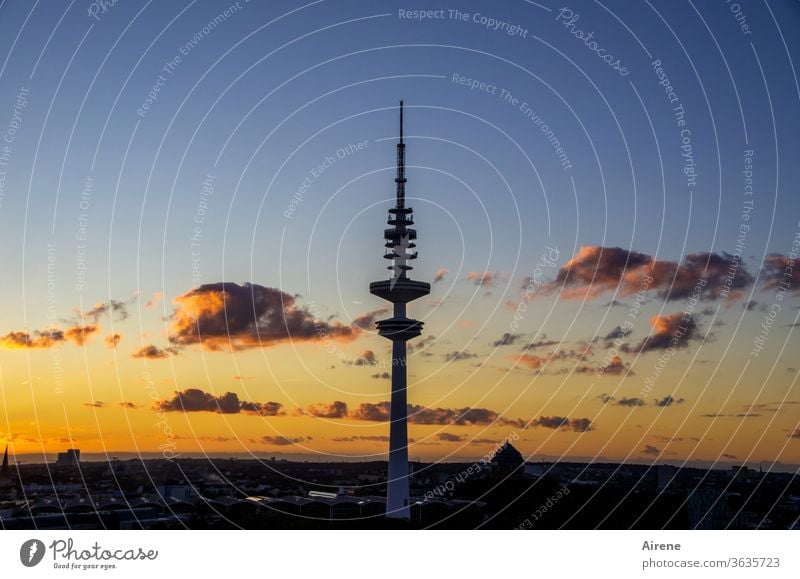 Wenn es Nacht wird in der großen Stadt Abendhimmel Fernsehturm Silhouette Wolken Abendrot Heinrich-Hertz-Turm Hamburg rote Wolken Stimmung stimmungsvoll