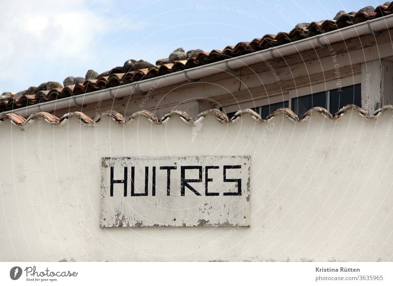 huitres - handgemaltes schild am austernverkauf werbung reklame hinweis austernbar austernhütte direktverkauf austernmarkt fischmarkt laden geschäft verkaufen