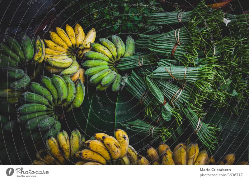 Betelblätter und frische Bananen werden auf dem lokalen Morgenmarkt in Luang Prabang, Laos, verkauft luang prabang morgendlicher markt die lokale Kultur feiern