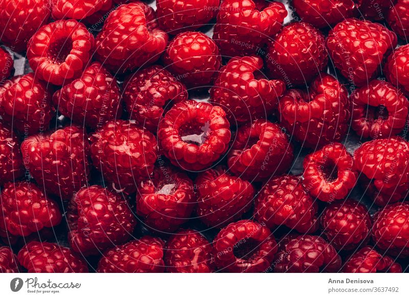 Frische Himbeeren im Hintergrund Beeren Sommer reif lecker Makro Ernährung geschmackvoll Diät rot Lebensmittel süß nahrhaft Garten Draufsicht flache Verlegung