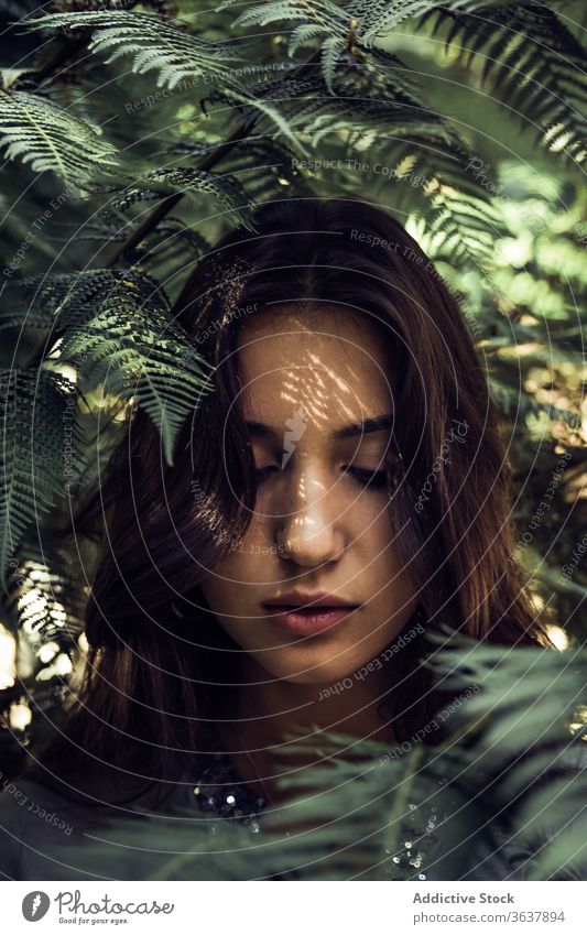 Zärtliche Frau im grünen Garten Angebot sanft Park Schatten Baum Blatt Sommer Kopf ruhig sonnig Gelassenheit Natur Outfit sich[Akk] entspannen Windstille