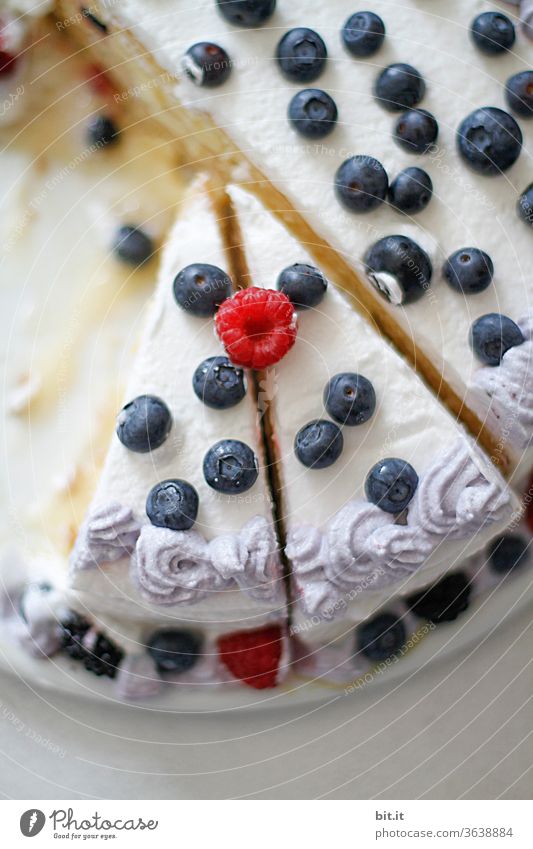 Draufsicht auf leckeren, feinen Ostkuchen mit Sahne, Blaubeere, Heidelbeere und Himbeere. Tortenplatte mit selbstgemachter Obst-Sahne-Torte und Bisee von oben. Festlicher, heller Kaffeetisch mit veganer, selber gebackener weiße Torte in Vogelperspektive.