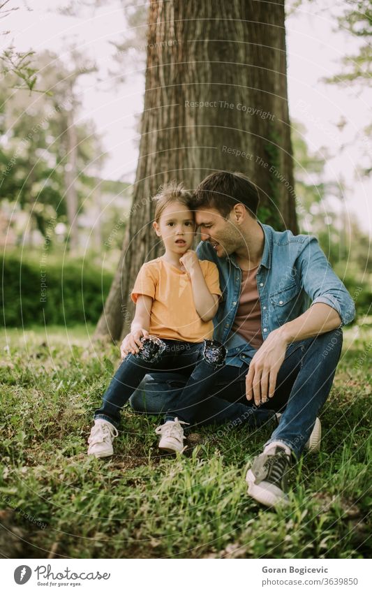 Alleinerziehender Vater sitzt mit kleiner Tochter im Gras am Baum Natur Mädchen Glück Mann Park Menschen Familie Eltern Kind Liebe Papa Spaß Erwachsener