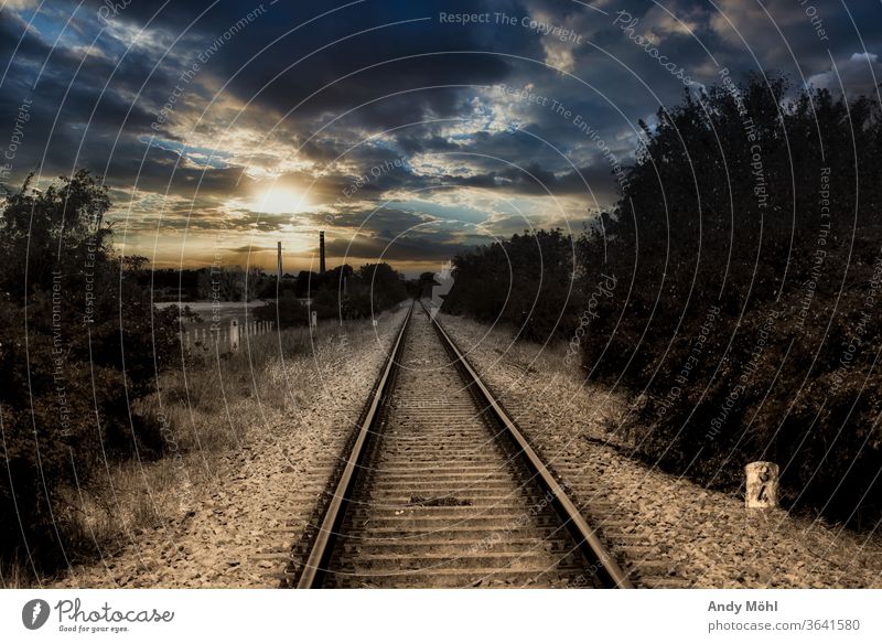 Einsame Bahnstrecke in der Mitte von Nirgendwo Landschaft Bahnschienen Wolken dunkel draußen Schwarzweißfoto Sonnenuntergang Sonnenlicht mystisch Baum Stein